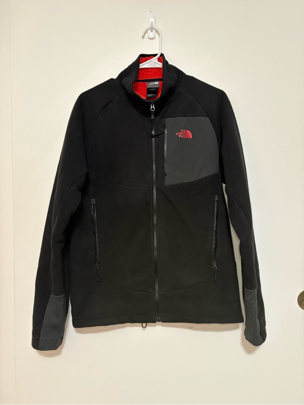 The North Face Men's Small Black Fleece, Red Lining Warm Zip Up Coat